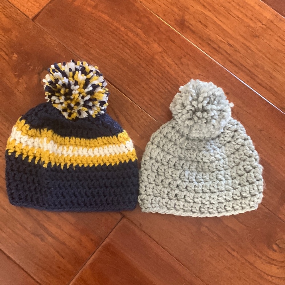 Baby Beanie Hat Bundle I Handmade Hand Knit Crochet I Newborn 0-3 mos I pom pom